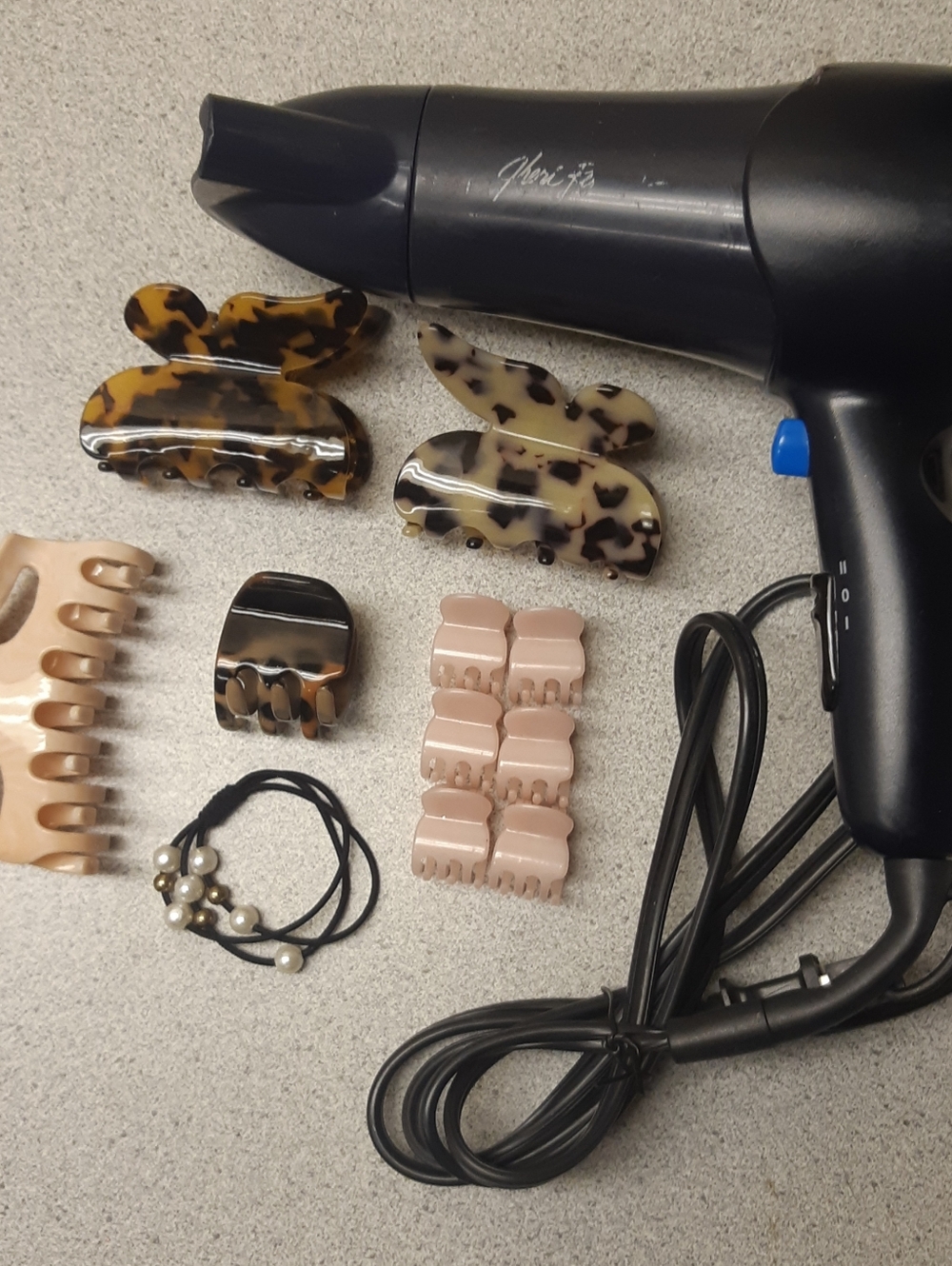 New Hair Clip Set with Tortoise & Blush Accents With Well Used Hair Dryer
